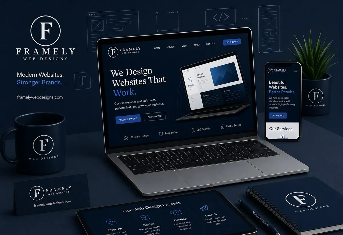 Framely Web Designs branding mockup with laptop, phone, mug and business card showing the studio's website on screen
